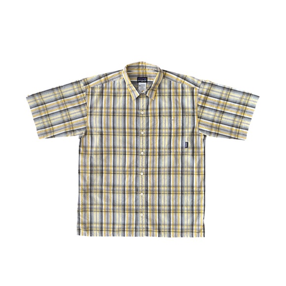 Patagonia Mens Short Sleeve Yellow White Brown Plaid Button-Up Shirt Size Medium - Picture 2 of 6